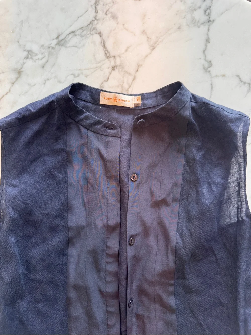 Tory Burch Navy Sleeveless Pleated Button-Front Blouse